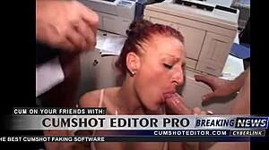 German secretary gives two cocks a blowjob and facial