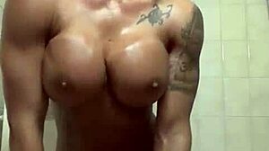 Caucasian attractive female bodybuilder with full natural breasts