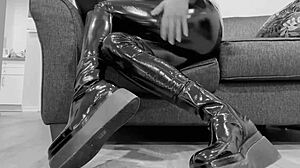 Kinky fetish boots and shiny latex outfit with gloves and high heels