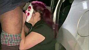 A European amateur with a smooth body has hardcore sex with her friend who is dressed as a clown